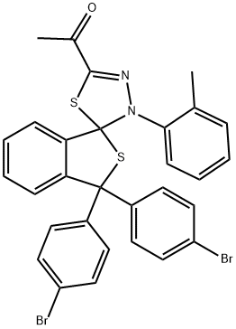 1-[1,1-bis(4-bromophenyl)-4'-(2-methylphenyl)-1,3,4',5'-tetrahydrospiro(2-benzothiophene-3,5'-[1,3,4]-thiadiazole)-2-yl]ethanone Struktur