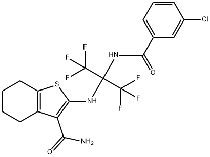 2-{[1-[(3-chlorobenzoyl)amino]-2,2,2-trifluoro-1-(trifluoromethyl)ethyl]amino}-4,5,6,7-tetrahydro-1-benzothiophene-3-carboxamide Struktur