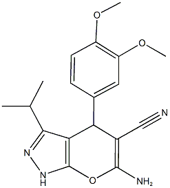 6-amino-4-(3,4-bis(methyloxy)phenyl)-3-(1-methylethyl)-1,4-dihydropyrano[2,3-c]pyrazole-5-carbonitrile Struktur