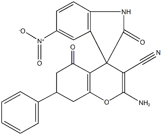 2-amino-3-cyano-2',5-dioxo-1',3',5,6,7,8-hexahydro-5'-nitro-7-phenylspiro[4H-chromene-4,3'-(2'H)-indole] Struktur