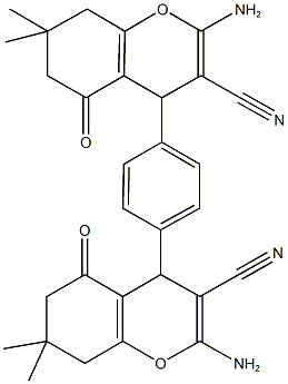 2-amino-4-[4-(2-amino-3-cyano-7,7-dimethyl-5-oxo-5,6,7,8-tetrahydro-4H-chromen-4-yl)phenyl]-7,7-dimethyl-5-oxo-5,6,7,8-tetrahydro-4H-chromene-3-carbonitrile Struktur