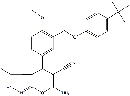 6-amino-4-{3-[(4-tert-butylphenoxy)methyl]-4-methoxyphenyl}-3-methyl-2,4-dihydropyrano[2,3-c]pyrazole-5-carbonitrile Struktur