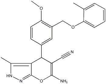 6-amino-4-{4-methoxy-3-[(2-methylphenoxy)methyl]phenyl}-3-methyl-2,4-dihydropyrano[2,3-c]pyrazole-5-carbonitrile Struktur