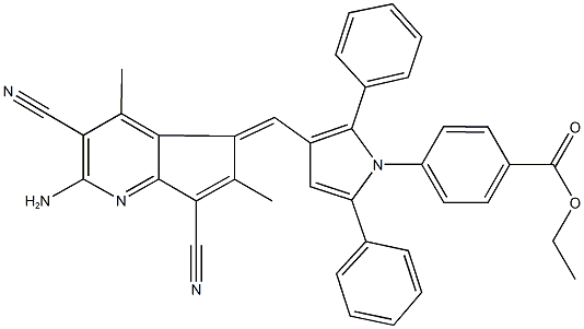 ethyl 4-{3-[(2-amino-3,7-dicyano-4,6-dimethyl-5H-cyclopenta[b]pyridin-5-ylidene)methyl]-2,5-diphenyl-1H-pyrrol-1-yl}benzoate Struktur