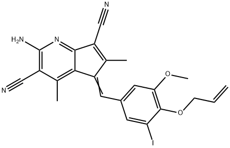 5-[4-(allyloxy)-3-iodo-5-methoxybenzylidene]-2-amino-4,6-dimethyl-5H-cyclopenta[b]pyridine-3,7-dicarbonitrile Struktur