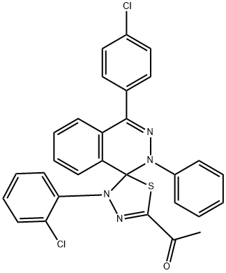 1-[4'-(2-chlorophenyl)-4-(4-chlorophenyl)-2-phenyl-1,2,4',5'-dihydrospiro(phthalazine-1,5'-[1,3,4]-thiadiazole)-2'-yl]ethanone Struktur