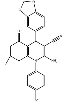 2-amino-4-(1,3-benzodioxol-5-yl)-1-(4-bromophenyl)-7,7-dimethyl-5-oxo-1,4,5,6,7,8-hexahydro-3-quinolinecarbonitrile Struktur