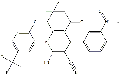 2-amino-1-[2-chloro-5-(trifluoromethyl)phenyl]-4-{3-nitrophenyl}-7,7-dimethyl-5-oxo-1,4,5,6,7,8-hexahydro-3-quinolinecarbonitrile Struktur