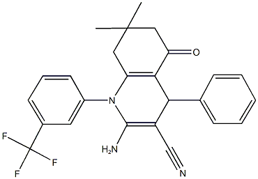 2-amino-7,7-dimethyl-5-oxo-4-phenyl-1-[3-(trifluoromethyl)phenyl]-1,4,5,6,7,8-hexahydro-3-quinolinecarbonitrile Struktur