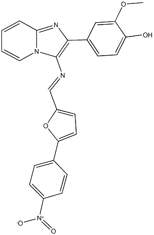 4-(3-{[(5-{4-nitrophenyl}-2-furyl)methylene]amino}imidazo[1,2-a]pyridin-2-yl)-2-methoxyphenol Struktur