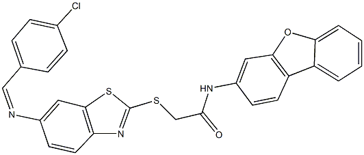 2-({6-[(4-chlorobenzylidene)amino]-1,3-benzothiazol-2-yl}sulfanyl)-N-dibenzo[b,d]furan-3-ylacetamide Struktur