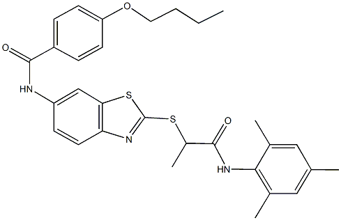 4-butoxy-N-(2-{[2-(mesitylamino)-1-methyl-2-oxoethyl]sulfanyl}-1,3-benzothiazol-6-yl)benzamide Struktur