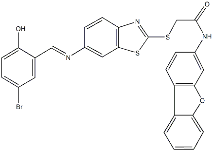 2-({6-[(5-bromo-2-hydroxybenzylidene)amino]-1,3-benzothiazol-2-yl}sulfanyl)-N-dibenzo[b,d]furan-3-ylacetamide Struktur