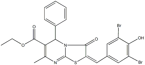 ethyl 2-(3,5-dibromo-4-hydroxybenzylidene)-7-methyl-3-oxo-5-phenyl-2,3-dihydro-5H-[1,3]thiazolo[3,2-a]pyrimidine-6-carboxylate Struktur