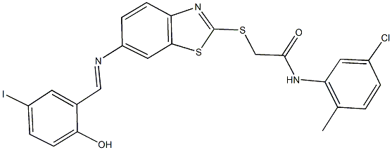 N-(5-chloro-2-methylphenyl)-2-({6-[(2-hydroxy-5-iodobenzylidene)amino]-1,3-benzothiazol-2-yl}sulfanyl)acetamide Struktur