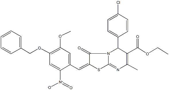 ethyl 2-{4-(benzyloxy)-2-nitro-5-methoxybenzylidene}-5-(4-chlorophenyl)-7-methyl-3-oxo-2,3-dihydro-5H-[1,3]thiazolo[3,2-a]pyrimidine-6-carboxylate Struktur