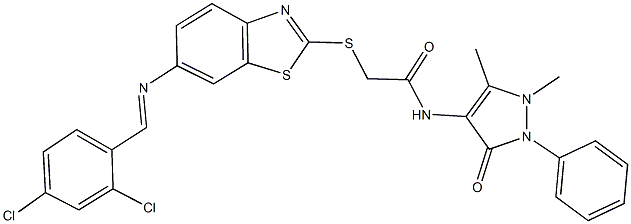 2-({6-[(2,4-dichlorobenzylidene)amino]-1,3-benzothiazol-2-yl}sulfanyl)-N-(1,5-dimethyl-3-oxo-2-phenyl-2,3-dihydro-1H-pyrazol-4-yl)acetamide Struktur