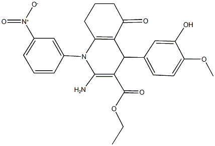 ethyl 2-amino-4-(3-hydroxy-4-methoxyphenyl)-1-{3-nitrophenyl}-5-oxo-1,4,5,6,7,8-hexahydro-3-quinolinecarboxylate Struktur