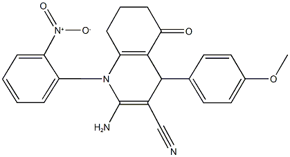 2-amino-1-{2-nitrophenyl}-4-(4-methoxyphenyl)-5-oxo-1,4,5,6,7,8-hexahydroquinoline-3-carbonitrile Struktur