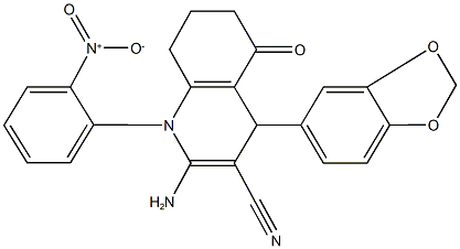 2-amino-4-(1,3-benzodioxol-5-yl)-1-{2-nitrophenyl}-5-oxo-1,4,5,6,7,8-hexahydro-3-quinolinecarbonitrile Struktur