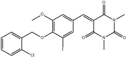 5-{4-[(2-chlorobenzyl)oxy]-3-iodo-5-methoxybenzylidene}-1,3-dimethyl-2,4,6(1H,3H,5H)-pyrimidinetrione Struktur