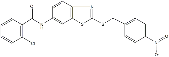 2-chloro-N-[2-({4-nitrobenzyl}sulfanyl)-1,3-benzothiazol-6-yl]benzamide Struktur