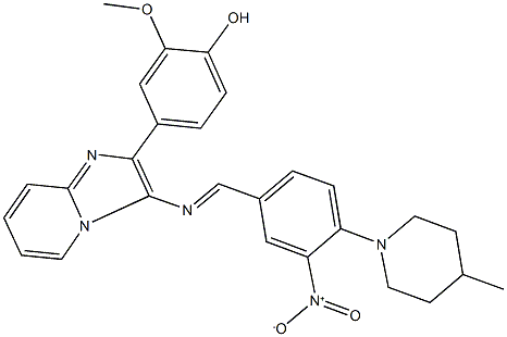 4-(3-{[3-nitro-4-(4-methyl-1-piperidinyl)benzylidene]amino}imidazo[1,2-a]pyridin-2-yl)-2-methoxyphenol Struktur