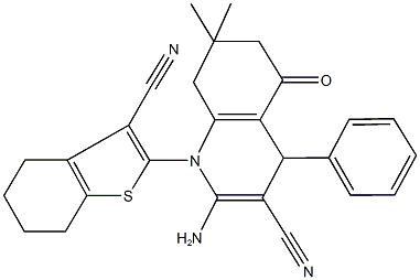 2-amino-1-(3-cyano-4,5,6,7-tetrahydro-1-benzothiophen-2-yl)-7,7-dimethyl-5-oxo-4-phenyl-1,4,5,6,7,8-hexahydro-3-quinolinecarbonitrile Struktur