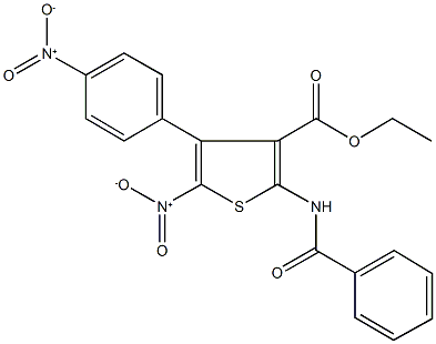 ethyl 2-(benzoylamino)-5-nitro-4-{4-nitrophenyl}-3-thiophenecarboxylate Struktur