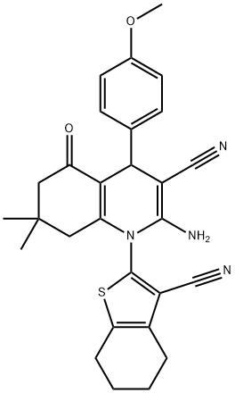 2-amino-1-(3-cyano-4,5,6,7-tetrahydro-1-benzothiophen-2-yl)-4-(4-methoxyphenyl)-7,7-dimethyl-5-oxo-1,4,5,6,7,8-hexahydro-3-quinolinecarbonitrile Struktur