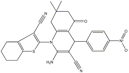 2-amino-1-(3-cyano-4,5,6,7-tetrahydro-1-benzothien-2-yl)-4-{4-nitrophenyl}-7,7-dimethyl-5-oxo-1,4,5,6,7,8-hexahydro-3-quinolinecarbonitrile Struktur