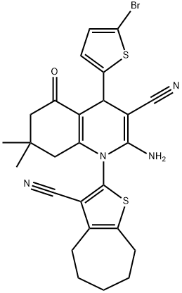 2-amino-4-(5-bromo-2-thienyl)-1-(3-cyano-5,6,7,8-tetrahydro-4H-cyclohepta[b]thiophen-2-yl)-7,7-dimethyl-5-oxo-1,4,5,6,7,8-hexahydro-3-quinolinecarbonitrile Struktur