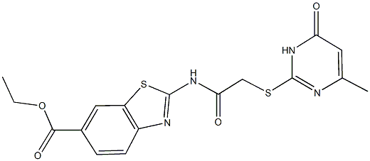 ethyl 2-({[(4-methyl-6-oxo-1,6-dihydro-2-pyrimidinyl)sulfanyl]acetyl}amino)-1,3-benzothiazole-6-carboxylate Struktur