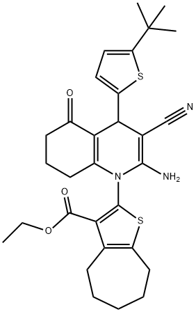 ethyl 2-[2-amino-4-[5-(tert-butyl)-2-thienyl]-3-cyano-5-oxo-5,6,7,8-tetrahydro-1(4H)-quinolinyl]-5,6,7,8-tetrahydro-4H-cyclohepta[b]thiophene-3-carboxylate Struktur