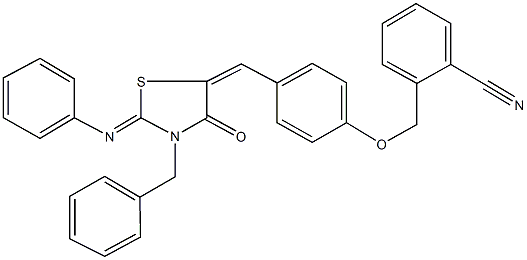 2-[(4-{[3-benzyl-4-oxo-2-(phenylimino)-1,3-thiazolidin-5-ylidene]methyl}phenoxy)methyl]benzonitrile Struktur