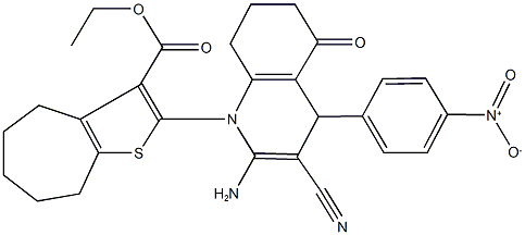 ethyl 2-(2-amino-3-cyano-4-{4-nitrophenyl}-5-oxo-5,6,7,8-tetrahydro-1(4H)-quinolinyl)-5,6,7,8-tetrahydro-4H-cyclohepta[b]thiophene-3-carboxylate Struktur