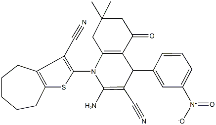 2-amino-1-(3-cyano-5,6,7,8-tetrahydro-4H-cyclohepta[b]thien-2-yl)-4-{3-nitrophenyl}-7,7-dimethyl-5-oxo-1,4,5,6,7,8-hexahydro-3-quinolinecarbonitrile Struktur