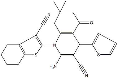 2-amino-1-(3-cyano-4,5,6,7-tetrahydro-1-benzothiophen-2-yl)-7,7-dimethyl-5-oxo-4-(2-thienyl)-1,4,5,6,7,8-hexahydro-3-quinolinecarbonitrile Struktur