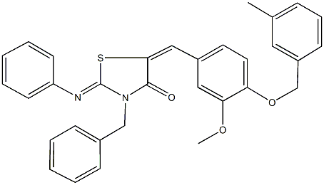 3-benzyl-5-{3-methoxy-4-[(3-methylbenzyl)oxy]benzylidene}-2-(phenylimino)-1,3-thiazolidin-4-one Struktur