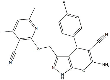 6-amino-3-{[(3-cyano-4,6-dimethyl-2-pyridinyl)sulfanyl]methyl}-4-(4-fluorophenyl)-1,4-dihydropyrano[2,3-c]pyrazole-5-carbonitrile Struktur