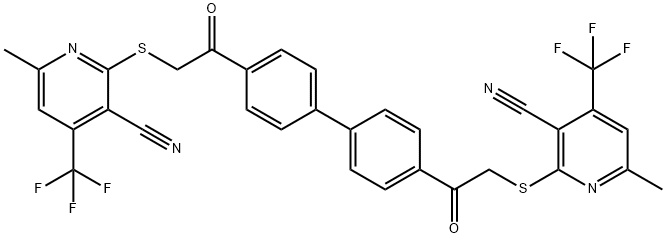 2-({2-[4'-({[3-cyano-6-methyl-4-(trifluoromethyl)-2-pyridinyl]sulfanyl}acetyl)[1,1'-biphenyl]-4-yl]-2-oxoethyl}sulfanyl)-6-methyl-4-(trifluoromethyl)nicotinonitrile Struktur