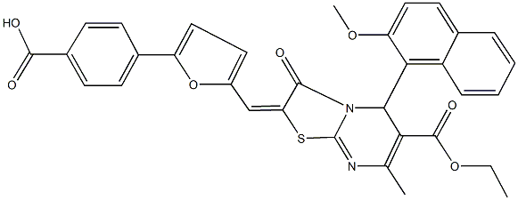 4-{5-[(6-(ethoxycarbonyl)-5-(2-methoxy-1-naphthyl)-7-methyl-3-oxo-5H-[1,3]thiazolo[3,2-a]pyrimidin-2(3H)-ylidene)methyl]-2-furyl}benzoic acid Struktur