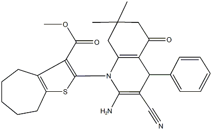 methyl 2-(2-amino-3-cyano-7,7-dimethyl-5-oxo-4-phenyl-5,6,7,8-tetrahydro-1(4H)-quinolinyl)-5,6,7,8-tetrahydro-4H-cyclohepta[b]thiophene-3-carboxylate Struktur