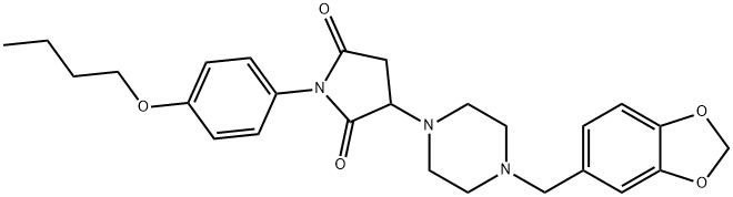 3-[4-(1,3-benzodioxol-5-ylmethyl)-1-piperazinyl]-1-(4-butoxyphenyl)-2,5-pyrrolidinedione Struktur