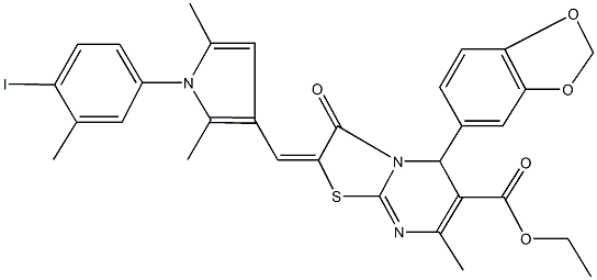 ethyl 5-(1,3-benzodioxol-5-yl)-2-{[1-(4-iodo-3-methylphenyl)-2,5-dimethyl-1H-pyrrol-3-yl]methylene}-7-methyl-3-oxo-2,3-dihydro-5H-[1,3]thiazolo[3,2-a]pyrimidine-6-carboxylate Struktur