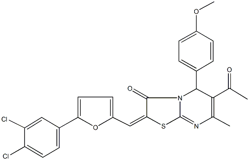 6-acetyl-2-{[5-(3,4-dichlorophenyl)-2-furyl]methylene}-5-(4-methoxyphenyl)-7-methyl-5H-[1,3]thiazolo[3,2-a]pyrimidin-3(2H)-one Struktur