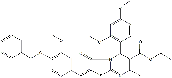 ethyl 2-[4-(benzyloxy)-3-methoxybenzylidene]-5-(2,4-dimethoxyphenyl)-7-methyl-3-oxo-2,3-dihydro-5H-[1,3]thiazolo[3,2-a]pyrimidine-6-carboxylate Struktur