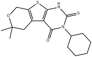 3-cyclohexyl-6,6-dimethyl-2-thioxo-1,2,3,5,6,8-hexahydro-4H-pyrano[4',3':4,5]thieno[2,3-d]pyrimidin-4-one Struktur