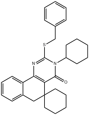 2-(benzylsulfanyl)-3-cyclohexyl-5,6-dihydrospiro(benzo[h]quinazoline-5,1'-cyclohexane)-4(3H)-one Struktur