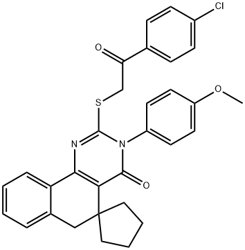 2-{[2-(4-chlorophenyl)-2-oxoethyl]sulfanyl}-3-(4-methoxyphenyl)-5,6-dihydrospiro(benzo[h]quinazoline-5,1'-cyclopentane)-4(3H)-one Struktur